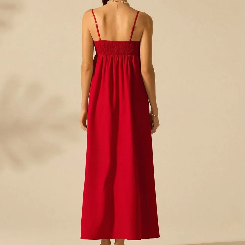 Red Casual A-Line Women's Seashell Embroidery Beach Party Sun Dress - Picture 2 of 7